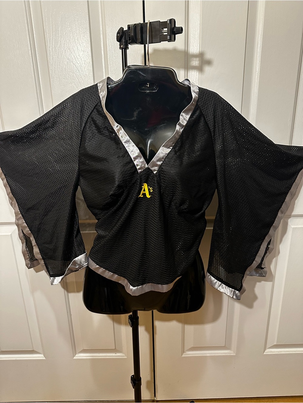Rare Oakland A’s Jersey Black Mesh V-Neck Women's Top with Silver Trim